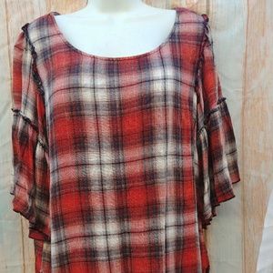 Seven 7 Plaid Bubble Sleeve Blouse XL